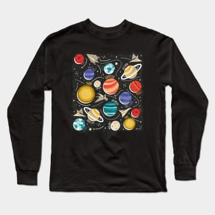 Paper space adventure II // illo // black background multicoloured solar system paper cut planets origami paper spaceships and rockets Long Sleeve T-Shirt